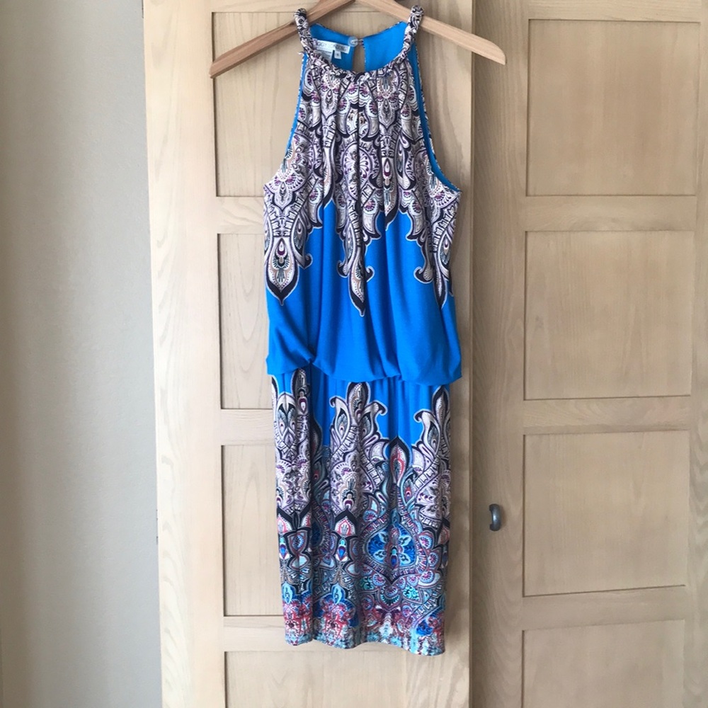 Maggy London Vibrant Blue and Pink Paisley Mini Dress